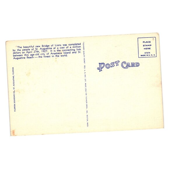 Bridge Of Lions Postcard St Augustine Florida Vintage Tichnor Bros Linen Print - Picture 2 of 2